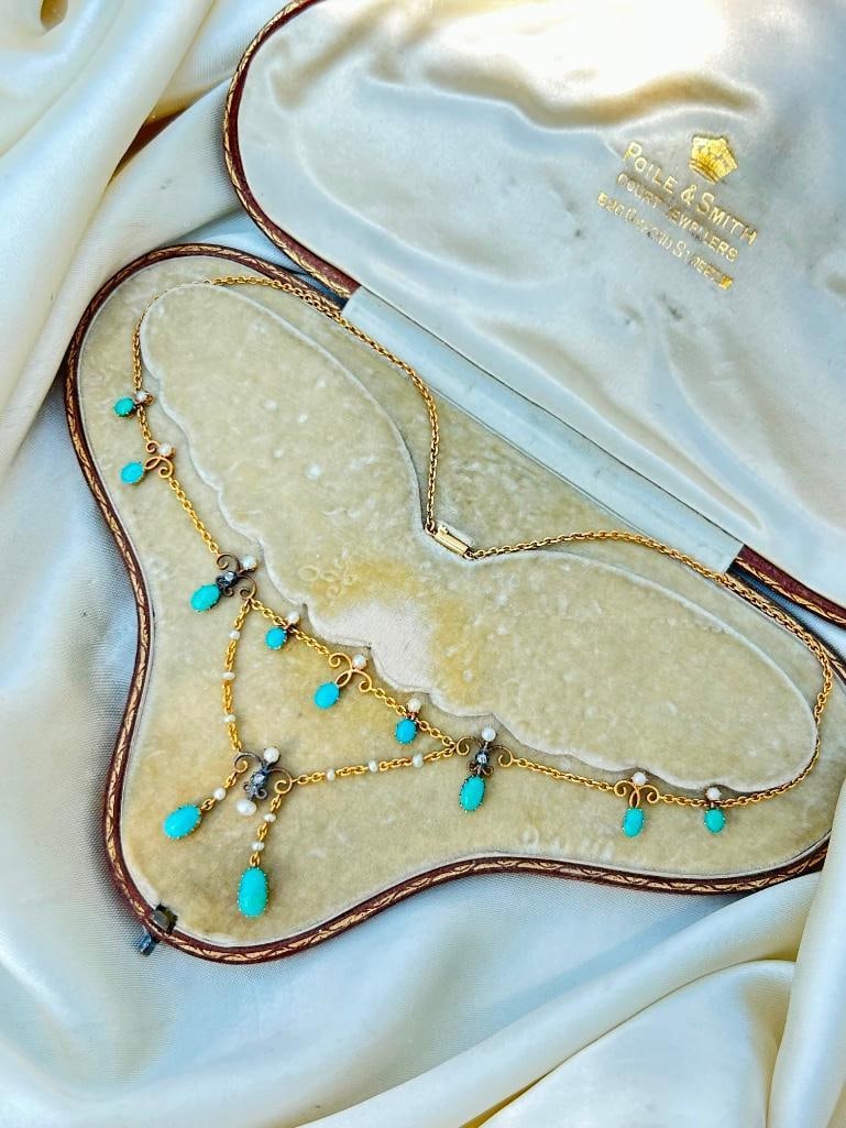 Antique 15ct Yellow Gold Turquoise Pearl and Diamond Necklace in Fitted Box (1 of 14)