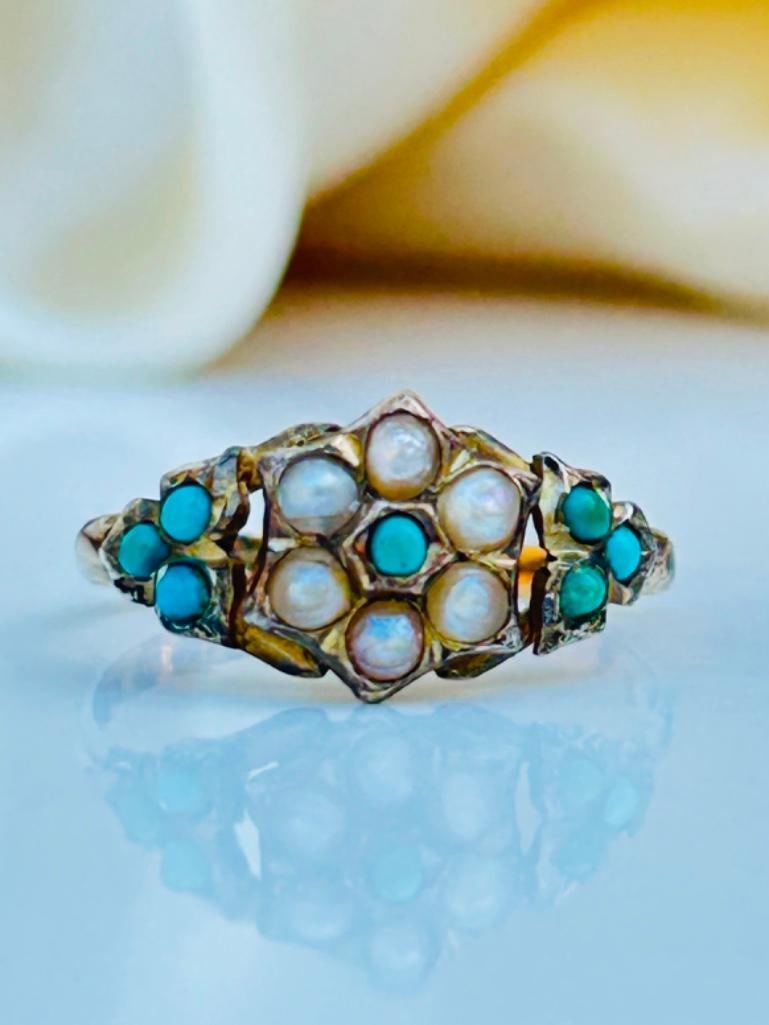 Sweet Antique 9ct Gold Turquoise and Pearl Ring (1 of 7)
