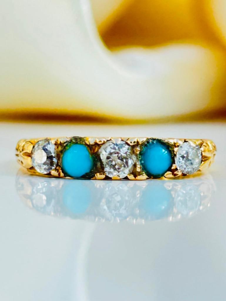 Antique 18ct Yellow Gold Turquoise and Diamond 5 Stone Ring (1 of 8)