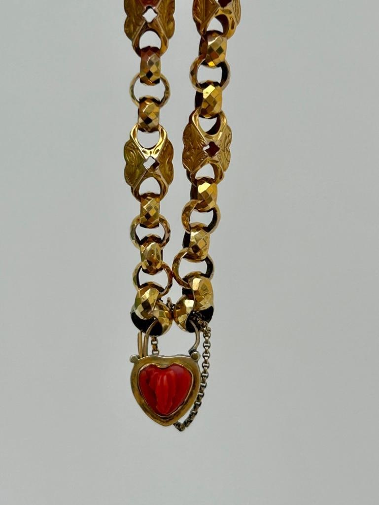 Antique Gold Fancy Link Bracelet with Carved Coral Heart Padlock Fastener (1 of 6)