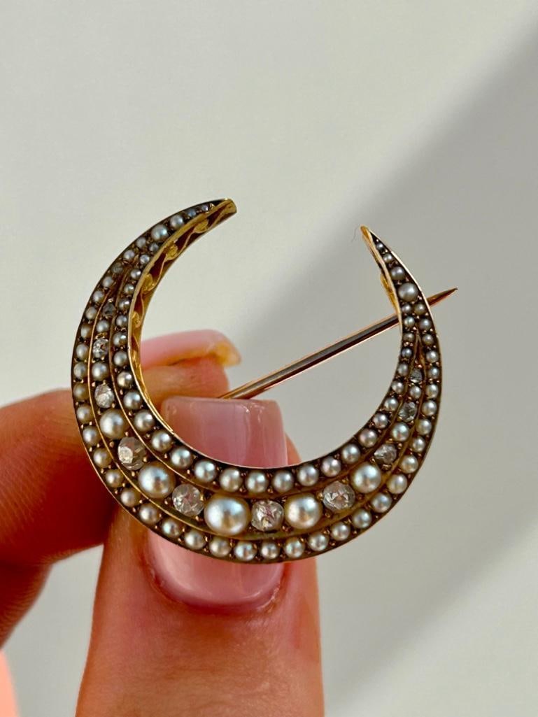 Antique Large Triple Row Diamond & Pearl Gold Crescent Brooch (1 of 4)