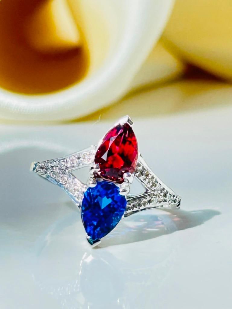 18ct White Gold Diamond, Tanzanite and Tourmaline Unusual Ring (1 of 8)