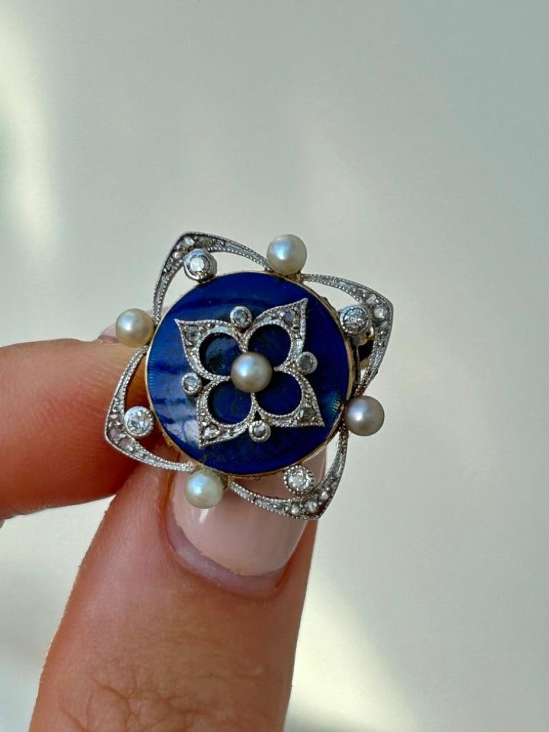 Antique Bristol Blue Glass Diamond and Pearl Locket Back Brooch (1 of 4)