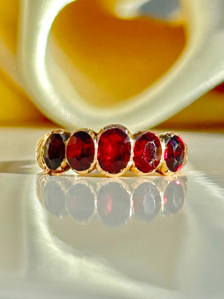 Georgian Era Garnet Half Hoop Ring in Yellow Gold: Georgian Era Garnet Half Hoop Ring in Yellow Gold gorgeous glowing garnets with sweet engraved shoulders measurements size UK Q US 81/2 head of ring 17mm x 7mm weight 1.94g