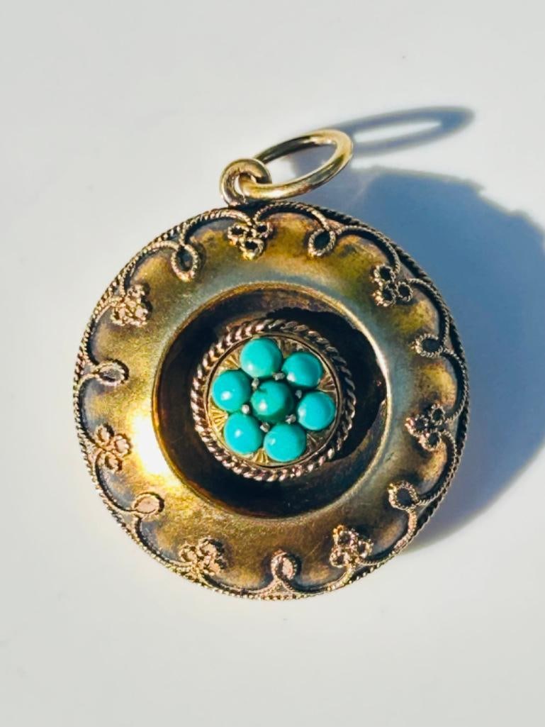 Antique 18ct Yellow Gold Turquoise Locket Back Pendant (1 of 4)