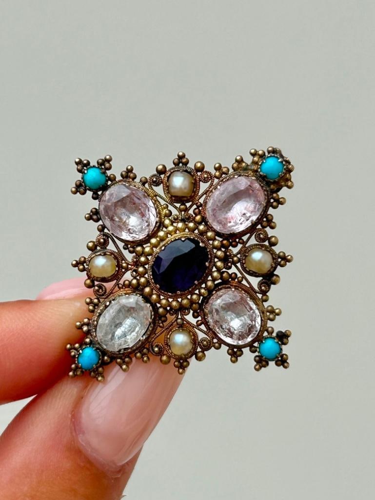 Georgian Pink Topaz, Amethyst, Pearl and Turquoise Brooch (1 of 5)