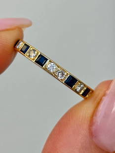 Vintage Sapphire and Diamond Full Eternity Band Ring in 18ct Gold: Vintage Sapphire and Diamond Full Eternity Band Ring in 18ct Gold&#160; &#160; exquisite diamond and sapphire eternity, truly beautiful&#160; &#160; measurements size UK N US 7 band width 2mm weight