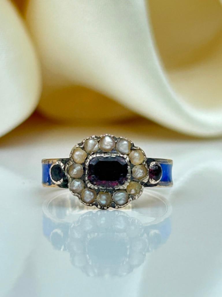 Antique Blue Enamel Garnet and Pearl Gold Ring (1 of 6)
