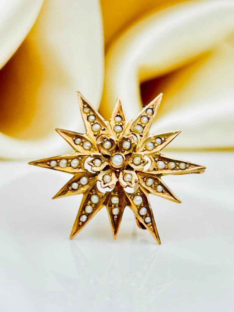 Antique 9ct Gold Pearl Starburst Star Brooch (1 of 5)