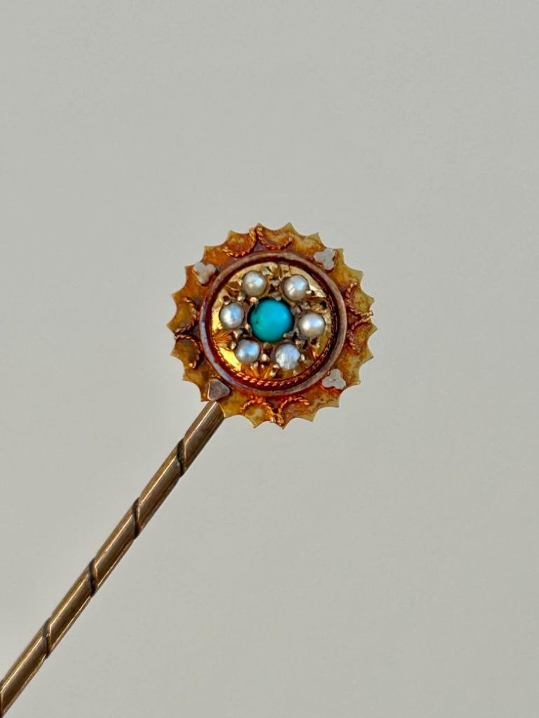 Antique Boxed Turquoise and Pearl Stick Pin Brooch in Gold (1 of 7)