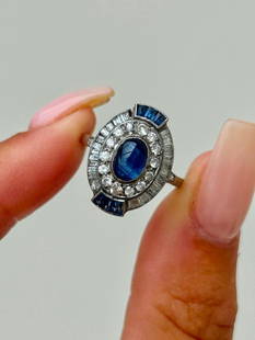 Antique Art Deco Cabochon Sapphire and Diamond Cluster Ring in Platinum: Antique Art Deco Cabochon Sapphire and Diamond Cluster Ring in Platinum&#160; &#160; the most beautiful sapphire and diamond art deco ring, truly excellent! &#160; measurements&#160; size UK M1/2 US 6
