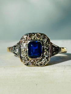 *Edwardian Sapphire and Diamond 18 Carat Gold Cluster Ring: Edwardian Sapphire and Diamond 18 Carat Gold Cluster Ring &nbsp; The sapphire measures 20pts and the diamonds measure 3pts each. &nbsp; measurements size UK K1/2 US 51/2 head of ring 9.5mm x 9mm wei