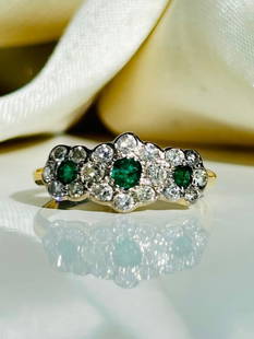 *Antique 18ct Yellow Gold Emerald and Diamond Triple Cluster Ring: Antique 18ct Yellow Gold Emerald and Diamond Triple Cluster Ring&#160; &#160; the sweetest cluster ring&#160; &#160; measurements Ring Size: K or 51/2 head of ring 17mm x 8mm Weight: 2.48g ha