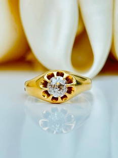 Antique 18ct Yellow Gold Chunky .85pt Diamond Belcher Ring: Antique 18ct Yellow Gold Chunky .85pt Diamond Belcher Ring&#160; &#160; gorgeous and chunky band with an amazing .85pt diamond&#160; &#160; measurements&#160; size UK Q1/2 US 81/2 head of ring 10mm x