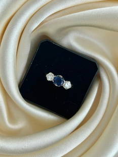 Antique Sapphire and Diamond 3 Stone Ring in 18ct Gold Designer A.M.G: Antique Sapphire and Diamond 3 Stone Ring in 18ct Gold Designer A.M.G &#160; sweetest sapphire stone next to two bright clean diamonds&#160; &#160; measurements&#160; size UK N US 7 head of ring 15mm