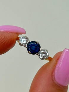 Antique Sapphire and Diamond 3 Stone Ring in 18ct Gold Designer A.M.G: Antique Sapphire and Diamond 3 Stone Ring in 18ct Gold Designer A.M.G &nbsp; sweetest sapphire stone next to two bright clean diamonds&nbsp; &nbsp; measurements&nbsp; size UK N US 7 head of ring 15mm