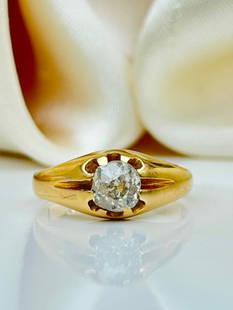 Chunky antique 18ct yellow gold 60pt diamond Belcher ring: Chunky antique 18ct yellow gold 60pt diamond Belcher ring  gorgeous and chunky gold band with a lovely bright diamond  measurement size UK M1/2 US 6 head of ring 8mm x 8mm weight 3.94g  materials<