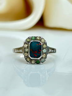 Art Deco Era 9ct Gold and Silver Bloodstone and Paste Ring: Art Deco Era 9ct Gold and Silver Bloodstone and Paste Ring&#160; &#160; truly wonderful ring!! &#160; measurements size UK N1/2 US 7 head of ring 11mm x 8mm weight 2.55g stamped 9ct&#160;