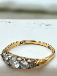 *Chunky Antique c.1890 Diamond 5 Stone Ring in 18ct Yellow Gold: Chunky Antique c.1890 Diamond 5 Stone Ring in 18ct Yellow Gold&#160; &#160; lovely scroll gallery design, bright clean diamonds&#160; &#160; measurements size UK P1/2 US 8 head of ring 17mm x 4mm we