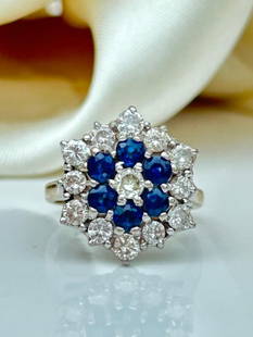 Huge Vintage Sapphire and Diamond Cluster Flower Ring in 18ct White Gold: Huge Vintage Sapphire and Diamond Cluster Flower Ring in 18ct White Gold&nbsp; &nbsp; the most exquisite statement ring, truly exceptional&nbsp; &nbsp; measurements size UK L1/2 US 6 head of ring 17mm