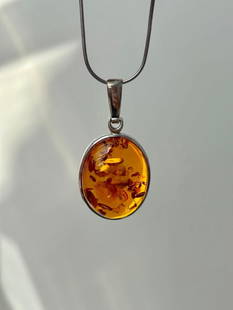 Large Silver Amber Pendant on Silver Chain: Large Silver Amber Pendant on Silver Chain&#160; &#160; gorgeous chunky amber pendant!! &#160; measurements&#160; length 45.5cm pendant size 58mm x 30mm weight 23.71g &#160; materials&