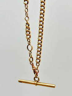 Antique 18ct Yellow Gold Albert Chain Necklace with Dogclip and TBar: Antique 18ct Yellow Gold Albert Chain Necklace with Dogclip and TBar &#160; gorgeous gold chain&#160; &#160; measurements length 45cm width 5mm Weight: 22.74g &#160; materials&#160;</p