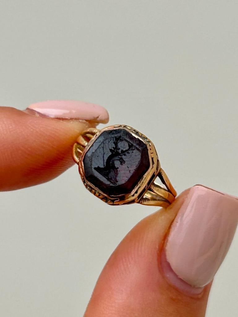 Antique Carved Stag Intaglio Gold Signet Ring (1 of 5)