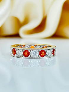 Chunky 18ct Yellow Gold Orange Sapphire and Diamond Eternity Band Ring: Chunky 18ct Yellow Gold Orange Sapphire and Diamond Eternity Band Ring&nbsp; &nbsp; amazing chunky sapphire diamond eternity!!&nbsp; &nbsp; measurements size UK S US 91/2  band width 4mm weight
