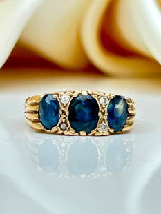 Chunky 9ct Yellow Gold Sapphire and Diamond 3 Stone Ring: Chunky 9ct Yellow Gold Sapphire and Diamond 3 Stone Ring&nbsp; &nbsp; gorgeous chunky ring&nbsp; &nbsp; measurements size UK O US 71/2 head of ring 16mm x 7mm weight 3.65g hallmarked 375
