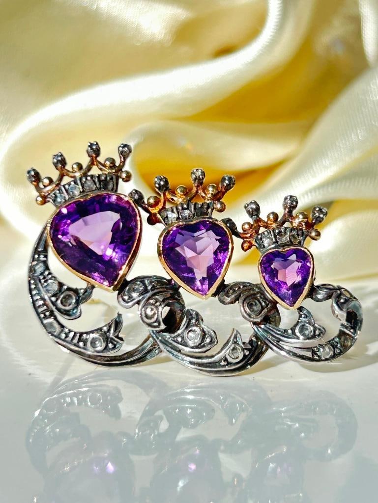 Antique Large Boxed Amethyst and Diamond Triple Crowned Heart Brooch in Gold and Silver Set (1 of 11)
