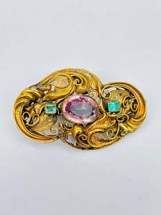 Georgian Era Emerald and Pink Foiled Amethyst 18ct Yellow Gold Back Brooch: Georgian Era Emerald and Pink Foiled Amethyst 18ct Yellow Gold Back Brooch sweet and pretty brooch measurements size 44mm x 27mm weight 8.06g materials <p