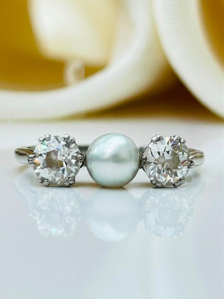 Wonderful platinum natural pearl and diamond 2 stone ring (1 of 6)