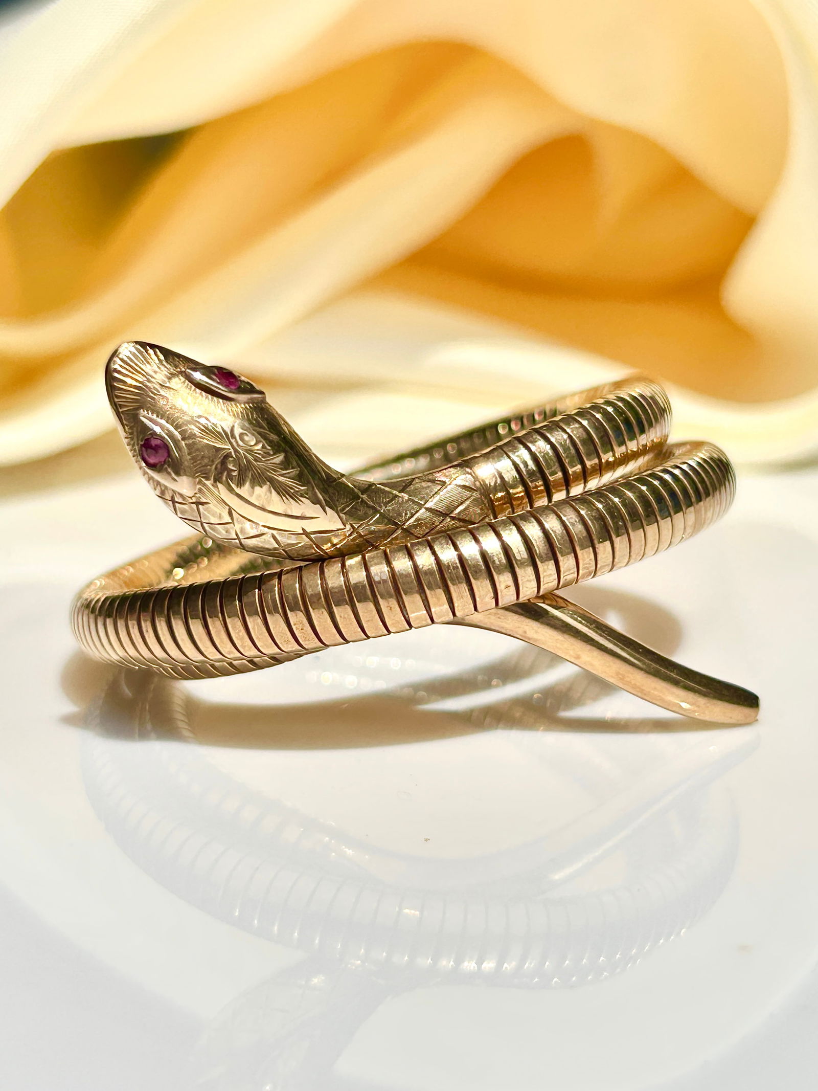amazing S&P double coiled snake bangle / bracelet with ruby eyes in 9ct gold (1 of 14)