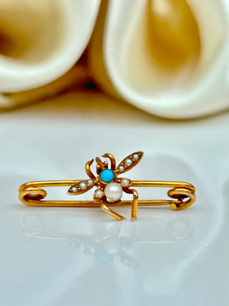 Antique 15ct Yellow Gold Pearl and Turquoise Bug Safety Pin Brooch (1 of 5)