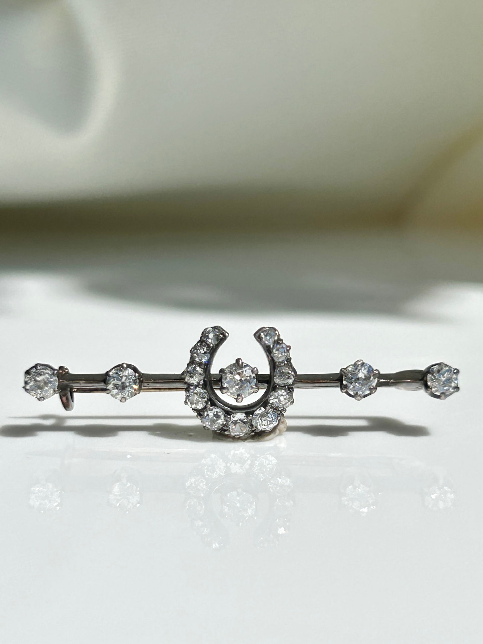 High Quality Gold Diamond Horseshoe Bar Brooch In Antique Fitted Box (1 of 5)