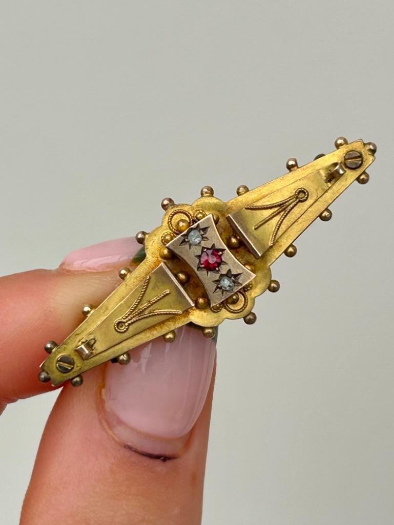 Antique Yellow Gold Ruby and Diamond 3 Star Bar Brooch (1 of 6)