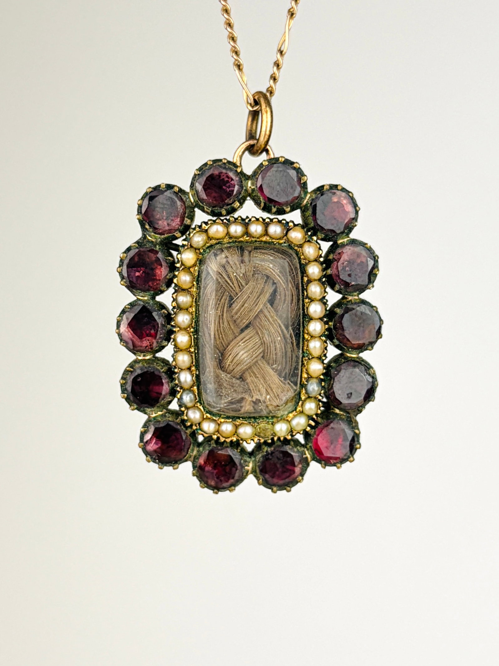 Antique Georgian Flat Cut Garnet and Pearl Hair Locket Front Pendant in Gold (1 of 8)