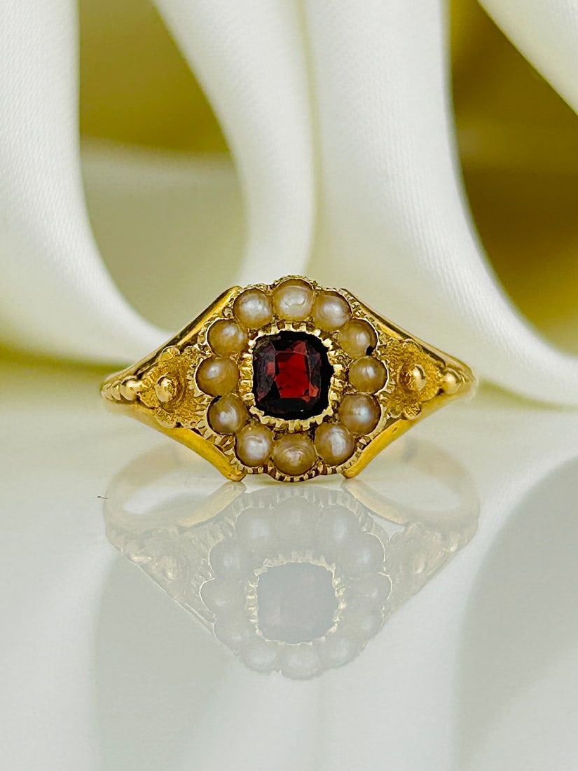 Antique Victorian Garnet and Pearl Cluster Ring with Flower Shoulders (1 of 10)