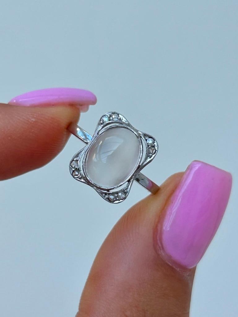 Antique Platinum Moonstone and Diamond Ring: Antique Platinum Moonstone and Diamond Ring the most beautiful moonstone stone, truly exceptional measurements size UK L US 6 head of ring 12mm x 11mm weight 3.09g </p
