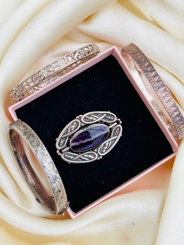 Mixed Lot of Antique and Vintage Jewellery Inc Silver Revolving Brooch Set Blue John Silver Bangle a (1 of 3)