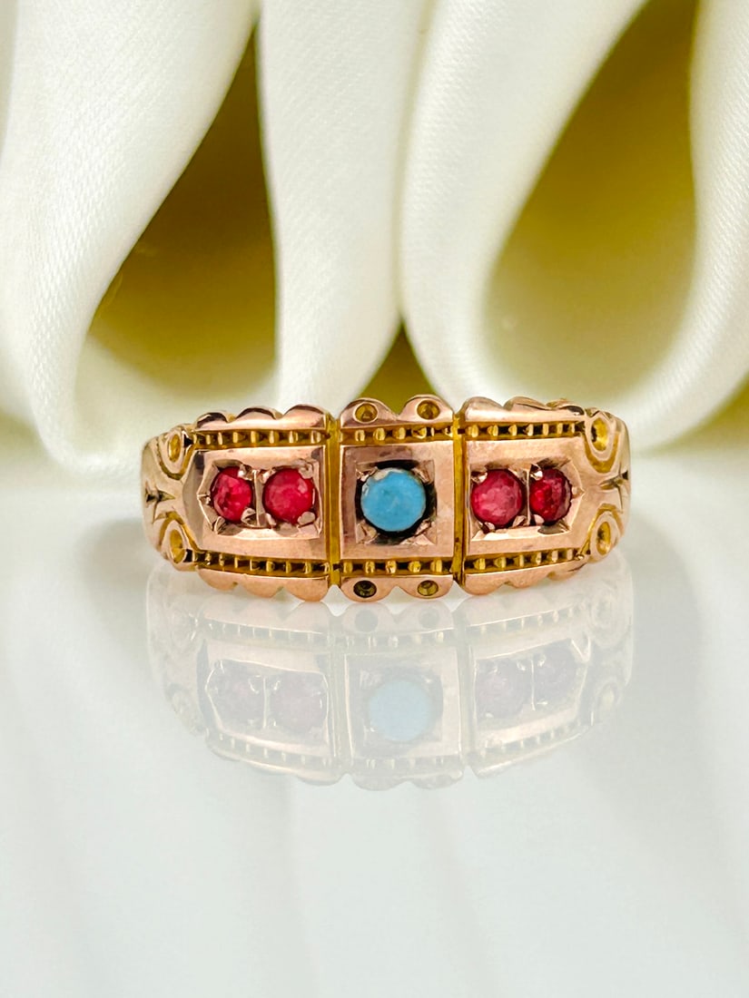 Antique Victorian Turquoise and Ruby 5 Stone Ring in 9ct Rose Gold (1 of 10)