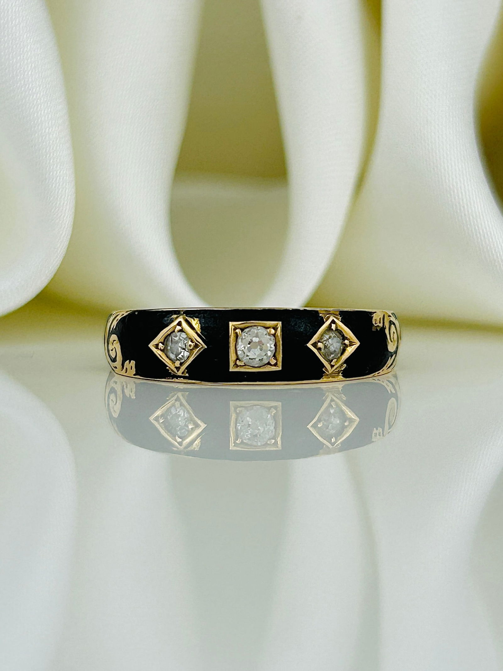 Antique Diamond Set Black Enamel Memorial Ring in 18ct Gold (1 of 11)