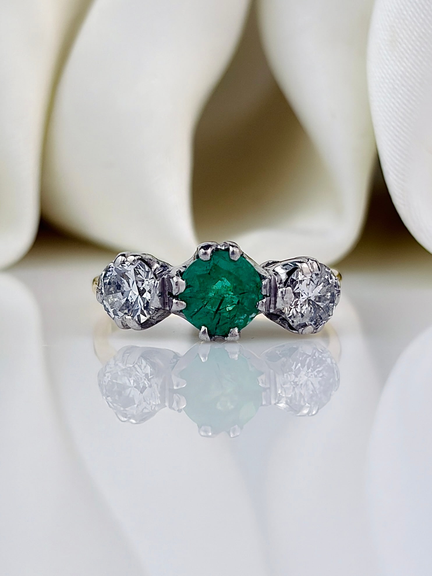 Edwardian Emerald and Diamond 18 Carat Gold and Platinum Three-Stone Ring (1 of 10)
