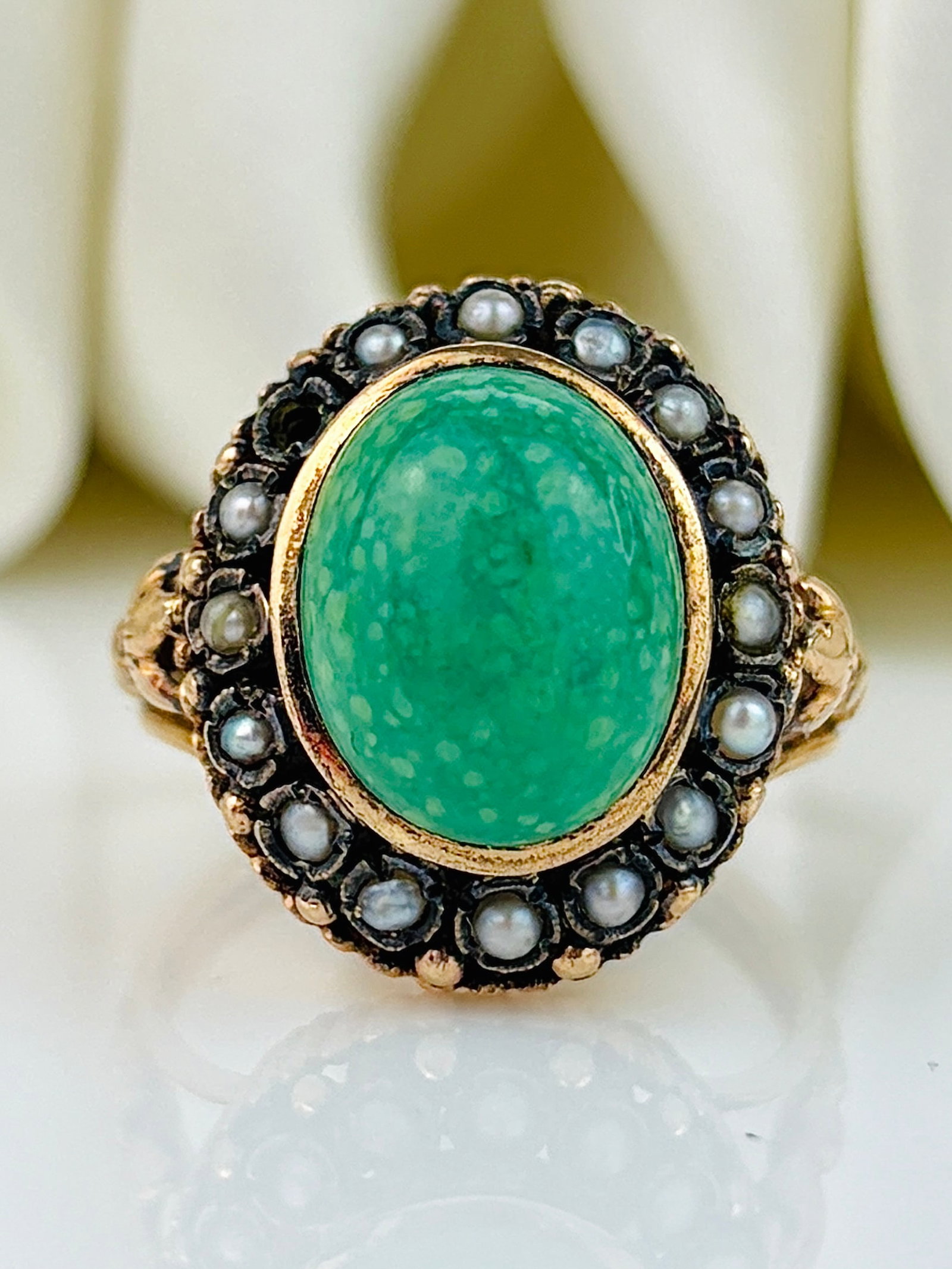 Vintage 18ct Gold Cabochon Turquoise and Pearl Halo Ring (1 of 9)