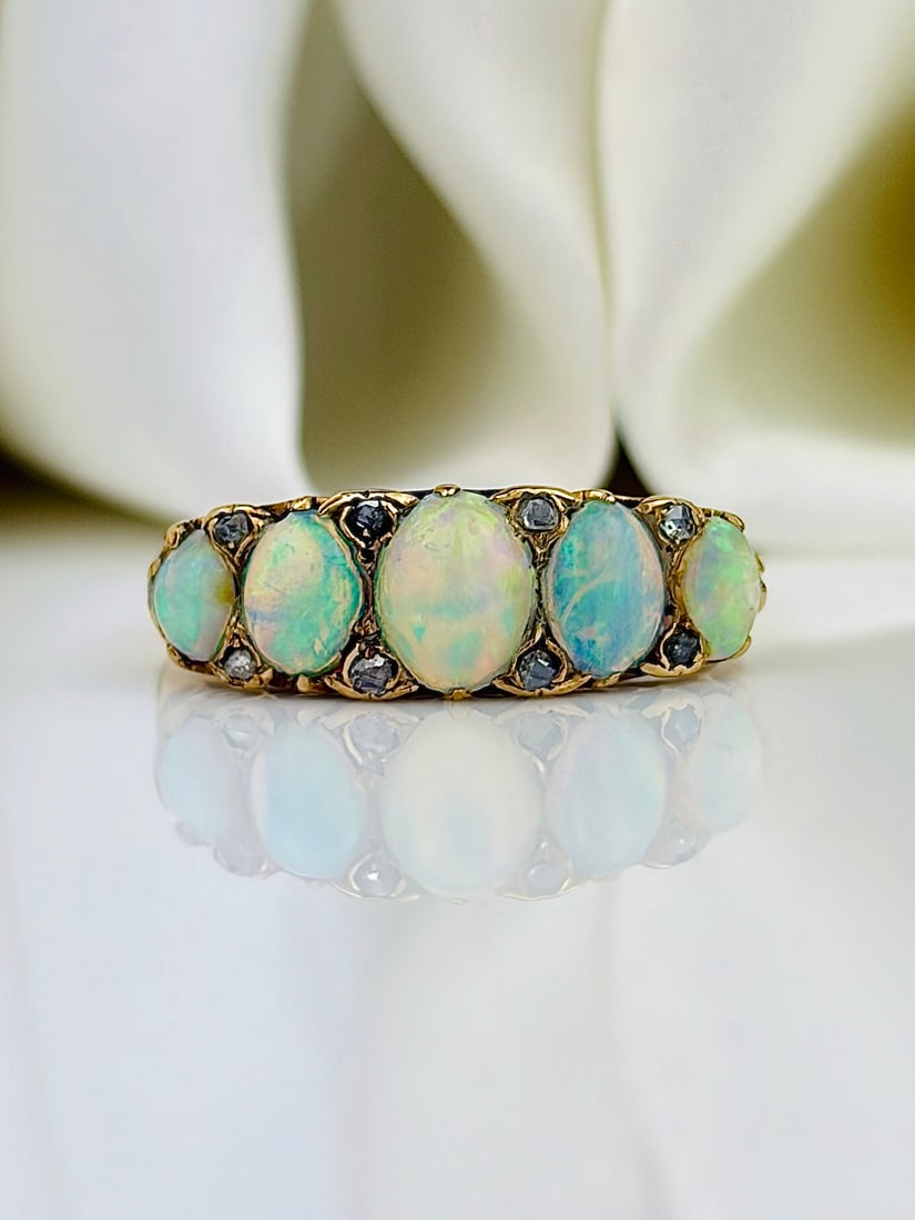 Antique Candy Opal 5 Stone Ring with Diamond Points in 18ct Yellow Gold (1 of 11)