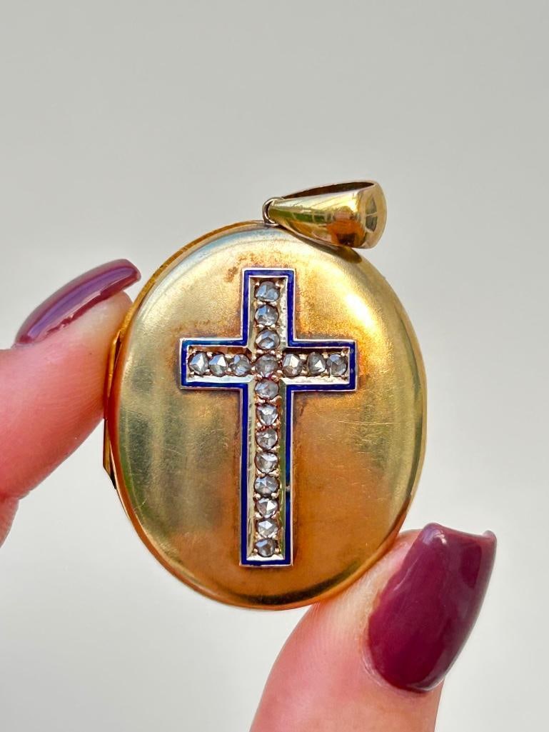 Antique 15ct Yellow Gold Diamond and Enamel Cross Locket Pendant Large Size (1 of 6)