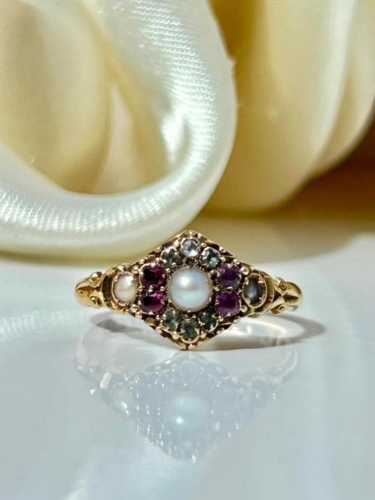 Antique 18ct Gold Ring with Rubies, Diamonds, Emeralds and Pearl (1 of 8)