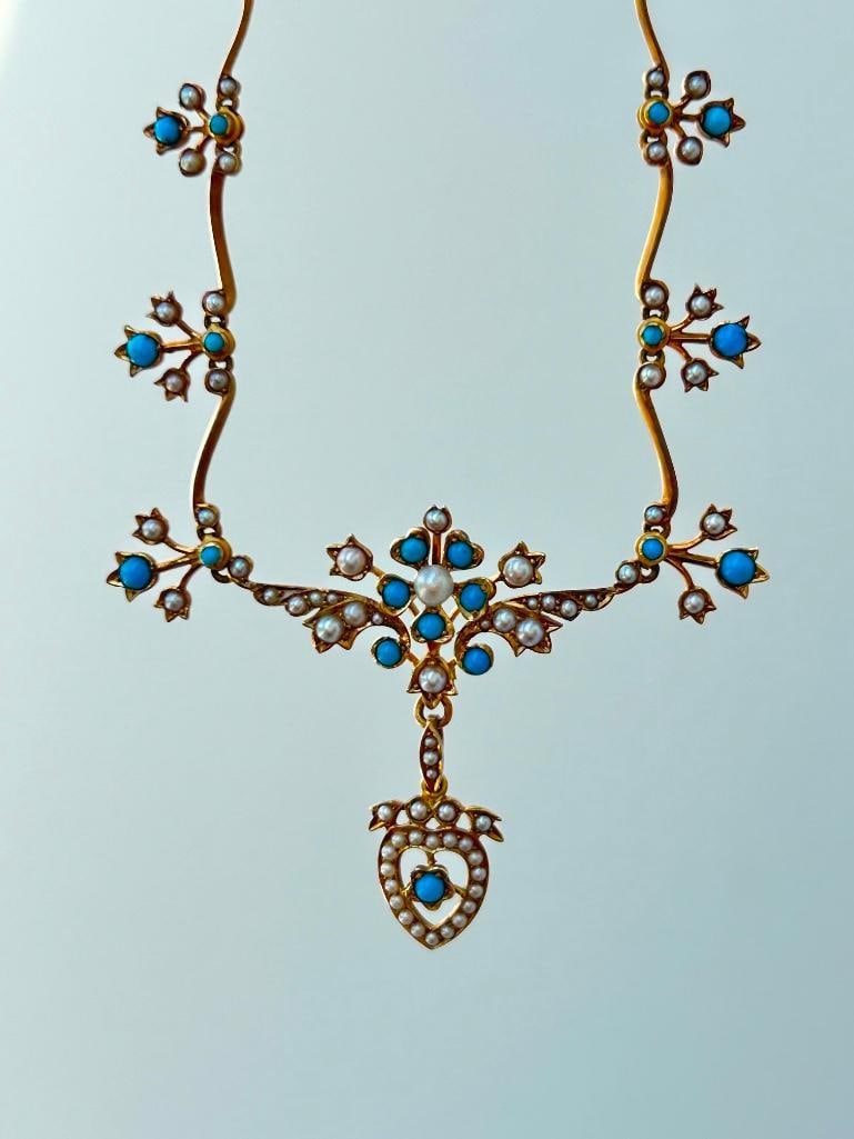 Antique 15ct Yellow Gold Turquoise and Pearl, Original Fitted Box Crowned Heart Necklace (1 of 10)