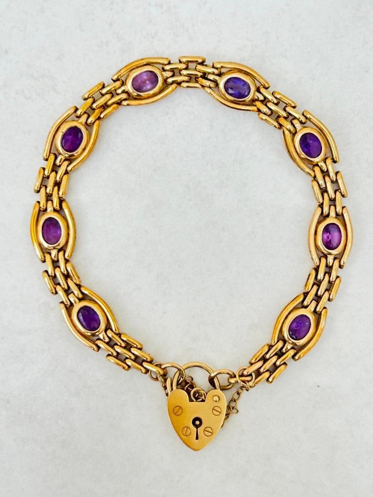 chunky antique amethyst and 9ct gold fancy link gate bracelet with heart padlock (1 of 9)