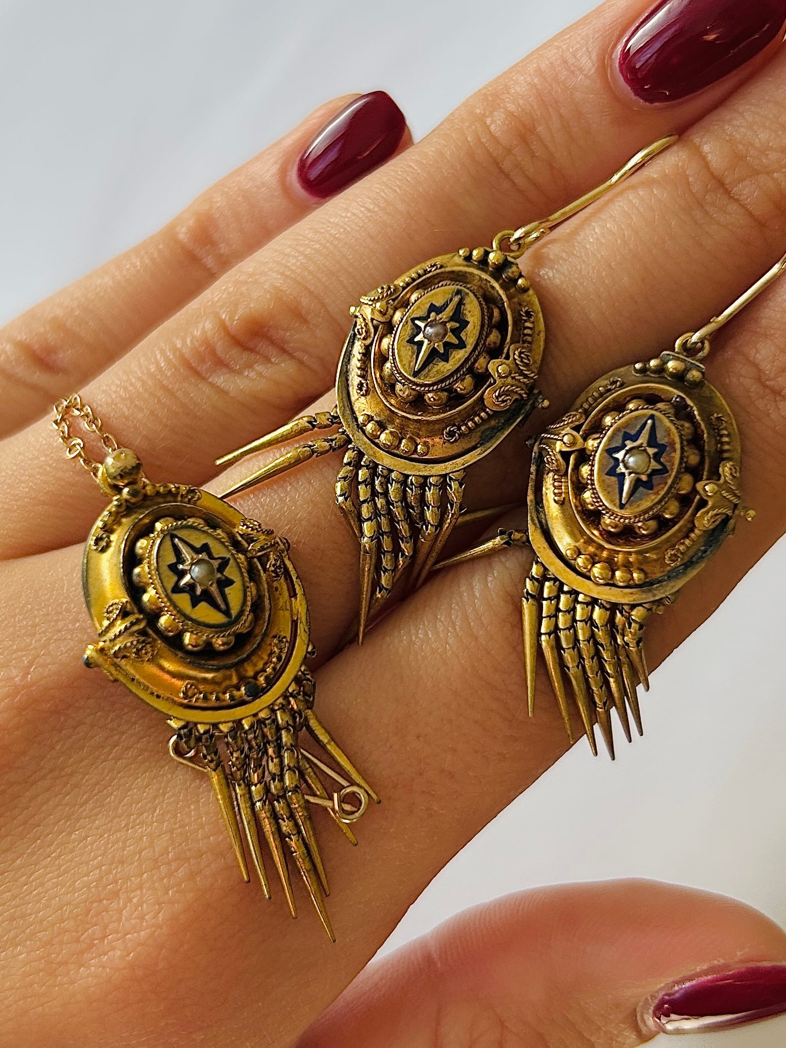 Victorian Pearl and Blue Enamel Star, Fringe Detail 15ct Gold Earrings and Brooch Set (1 of 9)